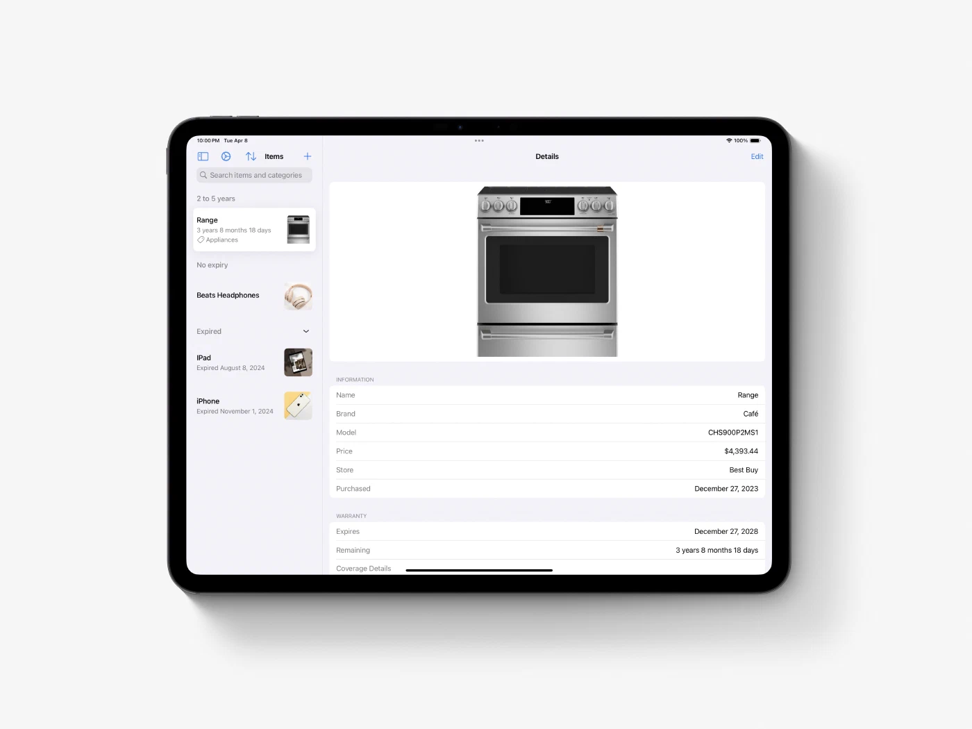 Warranties on iPad with a sidebar of items grouped by remaining coverage and a detail pane showing a photo, information rows, and warranty rows.